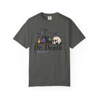 Nocticadia-inspired dr death graphic on a vintage wash Comfort Colors unisex tee by thtgrlreads, featuring potion bottles, a skull, and purple butterflies in the gid://shopify/Collection/449367539962 and 463938650362 collections.