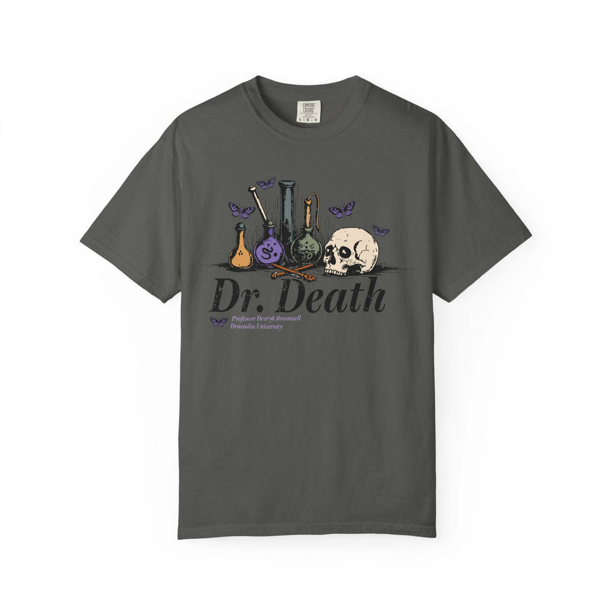 Nocticadia-inspired dr death graphic on a vintage wash Comfort Colors unisex tee by thtgrlreads, featuring potion bottles, a skull, and purple butterflies in the gid://shopify/Collection/449367539962 and 463938650362 collections.