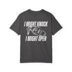 Comfort Colors graphic tee from thtgrlreads featuring vintage wash fabric and bold white print of a hotel key with text "I might knock I might open," part of Hockey Romance and tees collections.
