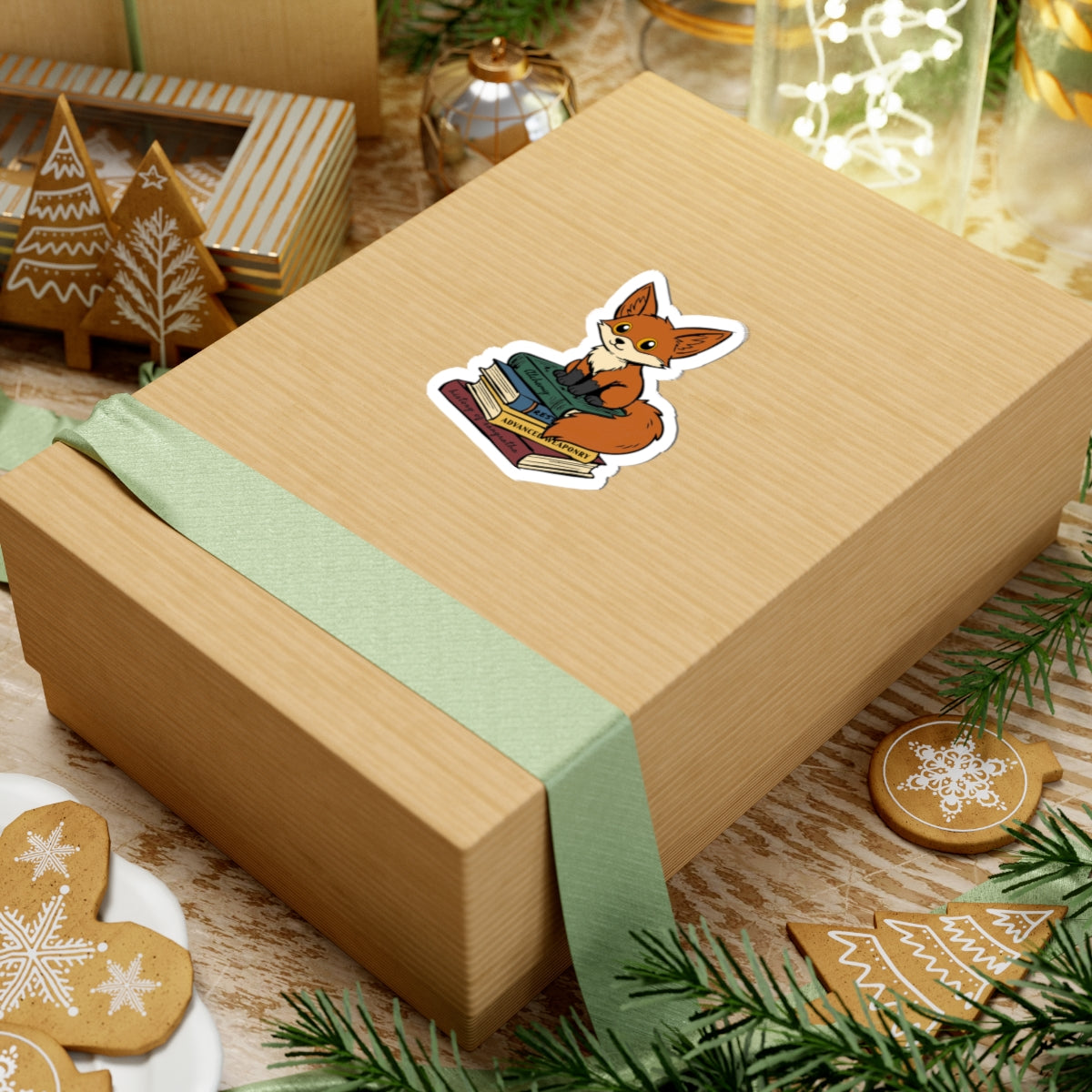 A cozy holiday gift box wrapped with a soft green ribbon, featuring a Bloodwing Academy-themed sticker from thtgrlreads showing a cute fox reading a stack of books, surrounded by festive gingerbread cookies and decorations.