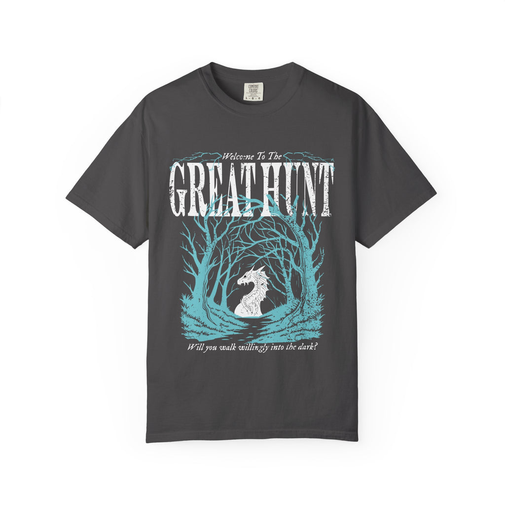 Thtgrlreads officially licensed Comfort Colors graphic tee from the Hollow collection featuring a vintage wash dark gray base with a bold fantasy forest and dragon design in light blue and white.