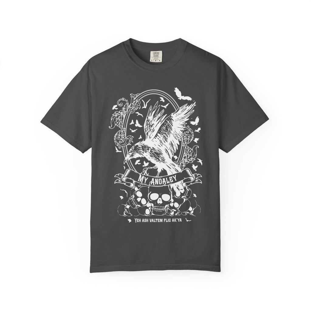 A dark gray comfort colors graphic tee from thtgrlreads featuring a Liv Zander inspired vintage-style design with a large detailed white owl, skull, and floral elements in the Tees collection.