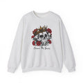 Thtgrlreads Liv Zander collection oversized crewneck sweatshirt featuring a vintage wash Comfort Colors base with a graphic of a crowned skull surrounded by red roses and "Crown Me Yours" text.