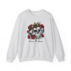 Thtgrlreads Liv Zander collection oversized crewneck sweatshirt featuring a vintage wash Comfort Colors base with a graphic of a crowned skull surrounded by red roses and "Crown Me Yours" text.