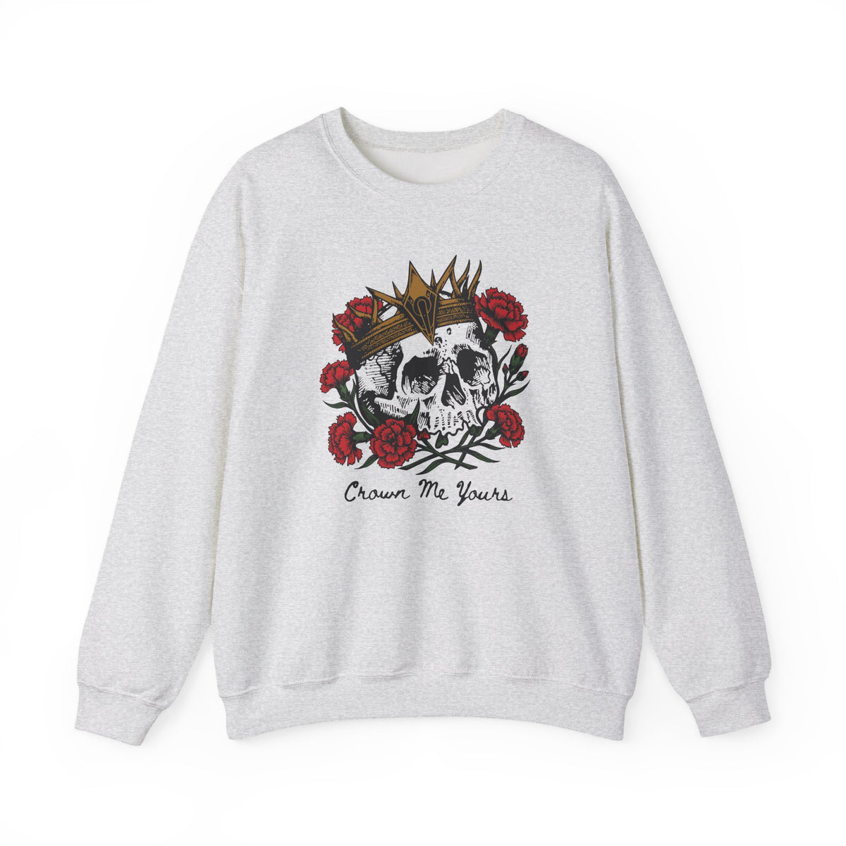 Thtgrlreads Liv Zander collection oversized crewneck sweatshirt featuring a vintage wash Comfort Colors base with a graphic of a crowned skull surrounded by red roses and "Crown Me Yours" text.