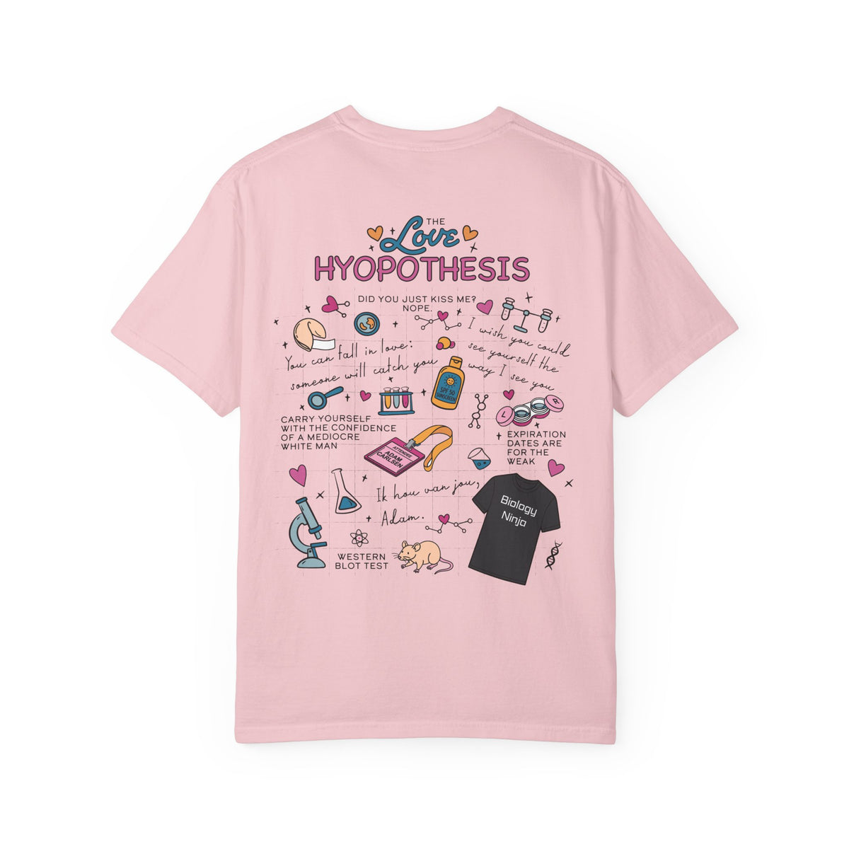Pink Comfort Colors graphic tee featuring The Love Hypothesis artwork with colorful bookish doodles, from Thtgrlreads Ali Hazelwood collection