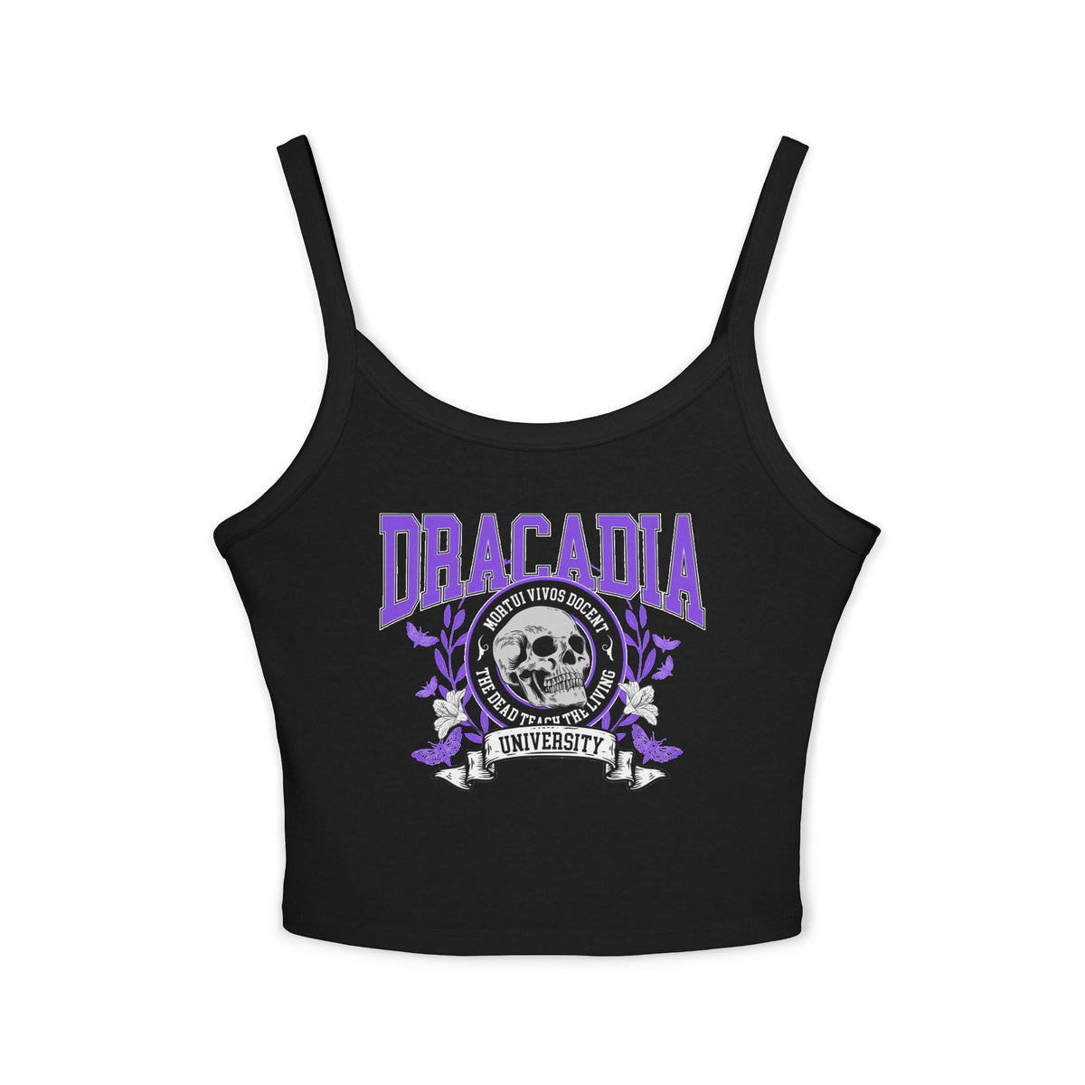 thtgrlreads Nocticadia collection black Comfort Colors tank top featuring a vintage-style purple and white Dracadia University graphic with skull and floral design, cozy bookish merch from tees collection.