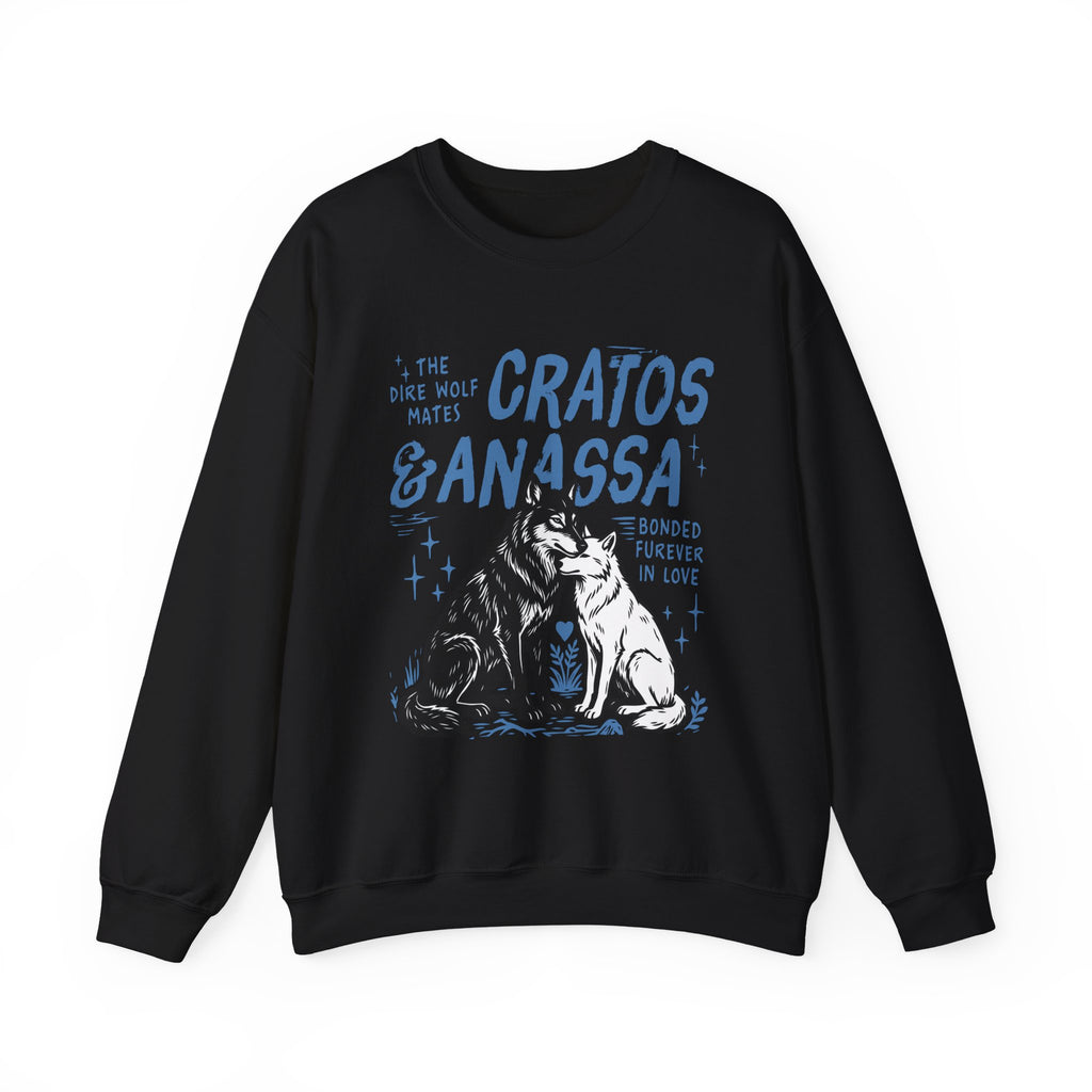 thtgrlreads Wolves of Ruin collection oversized crewneck sweatshirt by Printify featuring a vintage-style graphic of two wolves with text "Cratos & Anassa" on a soft, black Comfort Colors base.