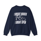 Thtgrlreads oversized navy crewneck sweatshirt from the Hockey Romance collection featuring bold white vintage puff print text and a hotel key graphic, made with premium Comfort Colors fabric.