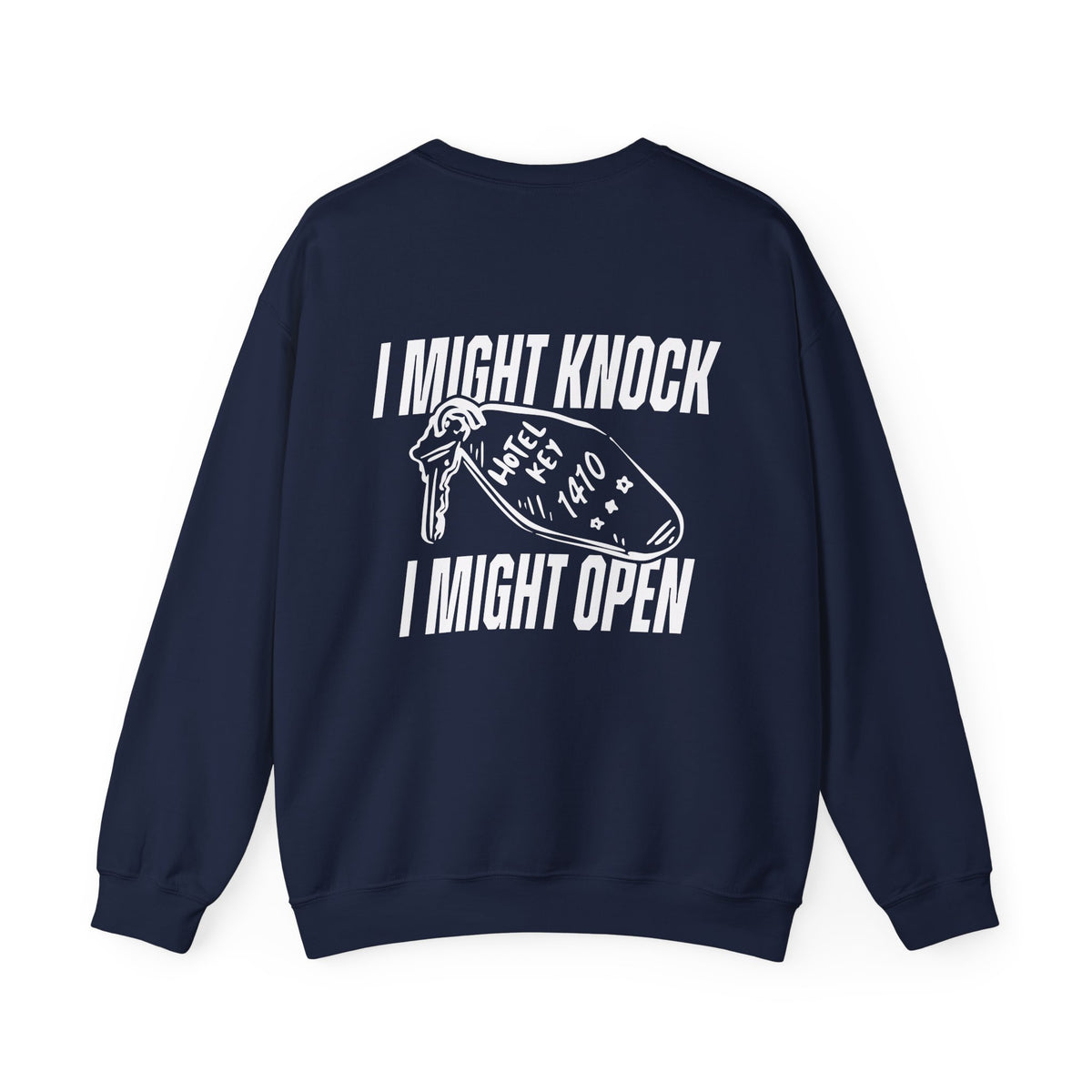 Thtgrlreads oversized navy crewneck sweatshirt from the Hockey Romance collection featuring bold white vintage puff print text and a hotel key graphic, made with premium Comfort Colors fabric.