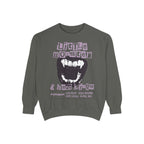 thtgrlreads Little Monster Sweatshirt from the Ruthless Boys of the Zodiac collection features a vintage wash oversized crewneck with a bold graphic of a monster mouth and stylized text, blending comfort and bookish fantasy style.