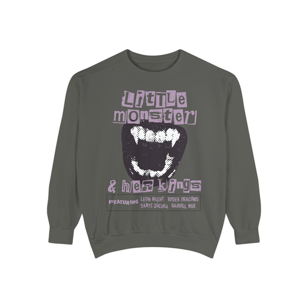 thtgrlreads Little Monster Sweatshirt from the Ruthless Boys of the Zodiac collection features a vintage wash oversized crewneck with a bold graphic of a monster mouth and stylized text, blending comfort and bookish fantasy style.