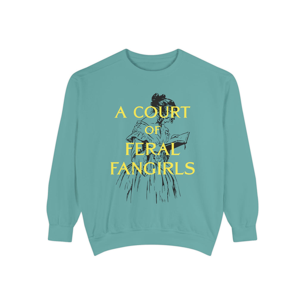 Thtgrlreads Off Brand and Book Bestie collection unisex oversized crewneck sweatshirt in vintage-washed Comfort Colors, featuring a bold yellow "A Court of Feral Fangirls" text and sketched figure graphic.