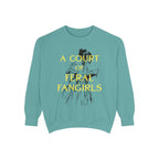 Thtgrlreads Off Brand and Book Bestie collection unisex oversized crewneck sweatshirt in vintage-washed Comfort Colors, featuring a bold yellow "A Court of Feral Fangirls" text and sketched figure graphic.