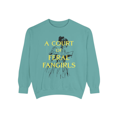 Thtgrlreads Off Brand and Book Bestie collection unisex oversized crewneck sweatshirt in vintage-washed Comfort Colors, featuring a bold yellow "A Court of Feral Fangirls" text and sketched figure graphic.