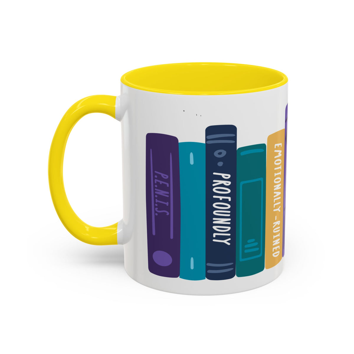 A white ceramic mug with a bright yellow handle and interior featuring a colorful graphic of books on a shelf, with titles like "Remus," "Profoundly," and "Emotionally Ruined" in a whimsical, hand-drawn style.