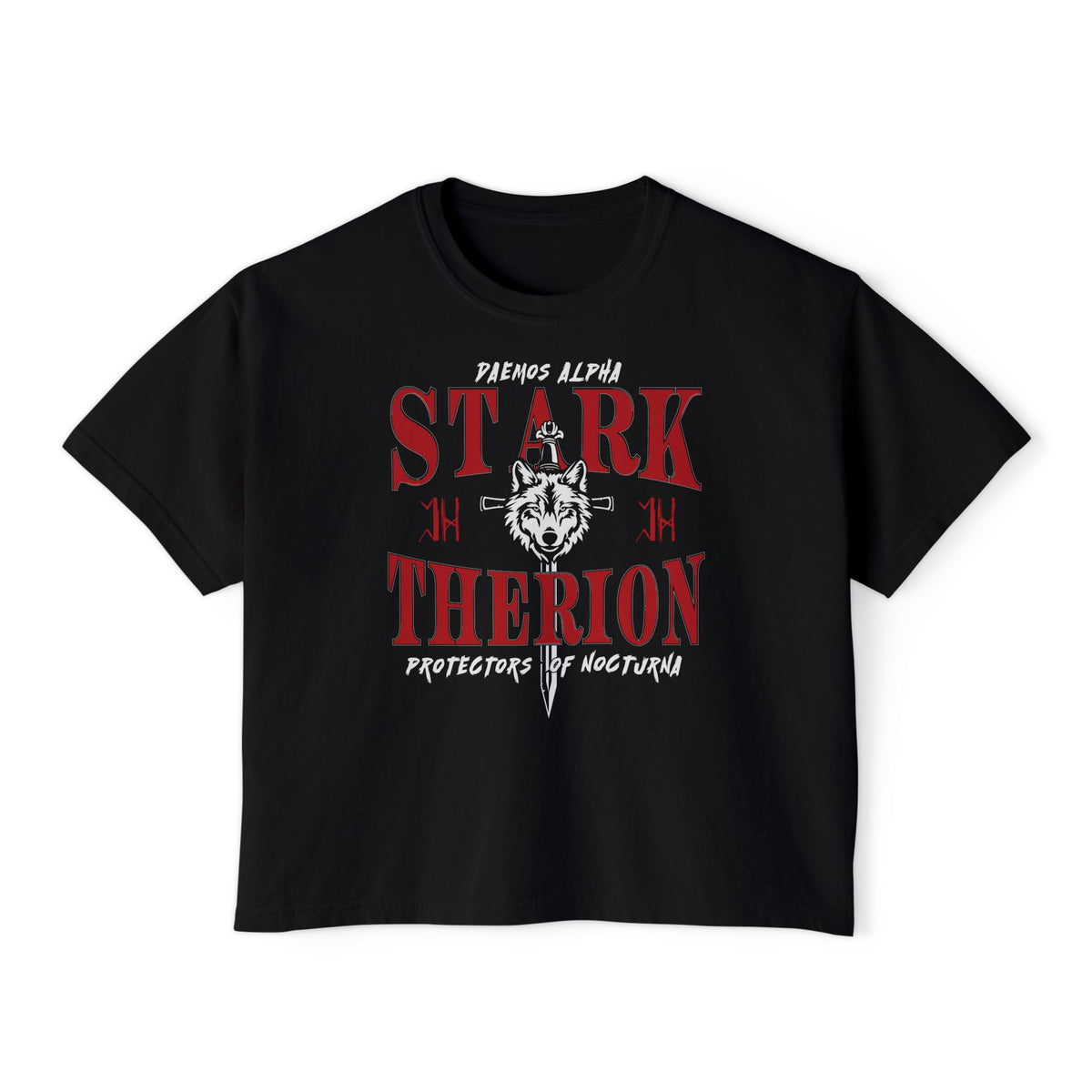 Thtgrlreads Wolves of Ruin collection black Comfort Colors crop top featuring bold red gothic text and a graphic wolf head with a sword, blending fantasy and bookish style.