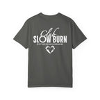 thtgrlreads Club Slow Burn comfort colors graphic tee featuring bold white text and a flaming heart print, part of the Book Bestie collection and related series merch.