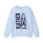 Thtgrlreads oversized crewneck sweatshirt in light blue from the Kindred's Curse Saga collection featuring a bold graphic print of Luther, Prince of Lumnos, with vintage wash fabric for comfort.