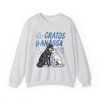 A vintage wash Comfort Colors crewneck sweatshirt from thtgrlreads featuring officially licensed Wolves of Ruin art of two wolves with blue graphic text, available from Printify in the Wolves of Ruin and Crewnecks collections.