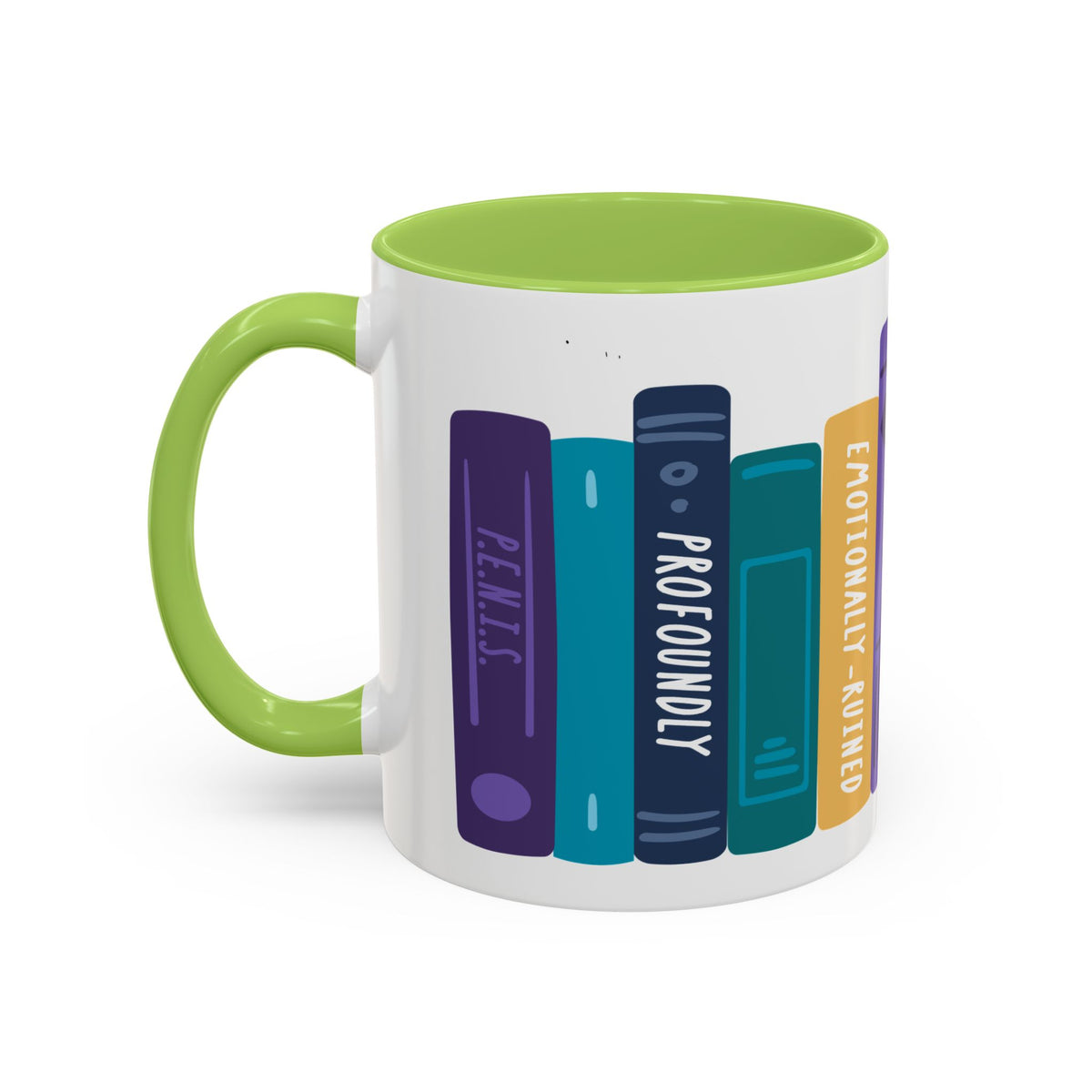 White ceramic mug with a lime green handle and interior, featuring a colorful stack of books graphic with titles like "PROFOUNDLY" and "EMOTIONALLY RUINED," from thtgrlreads.