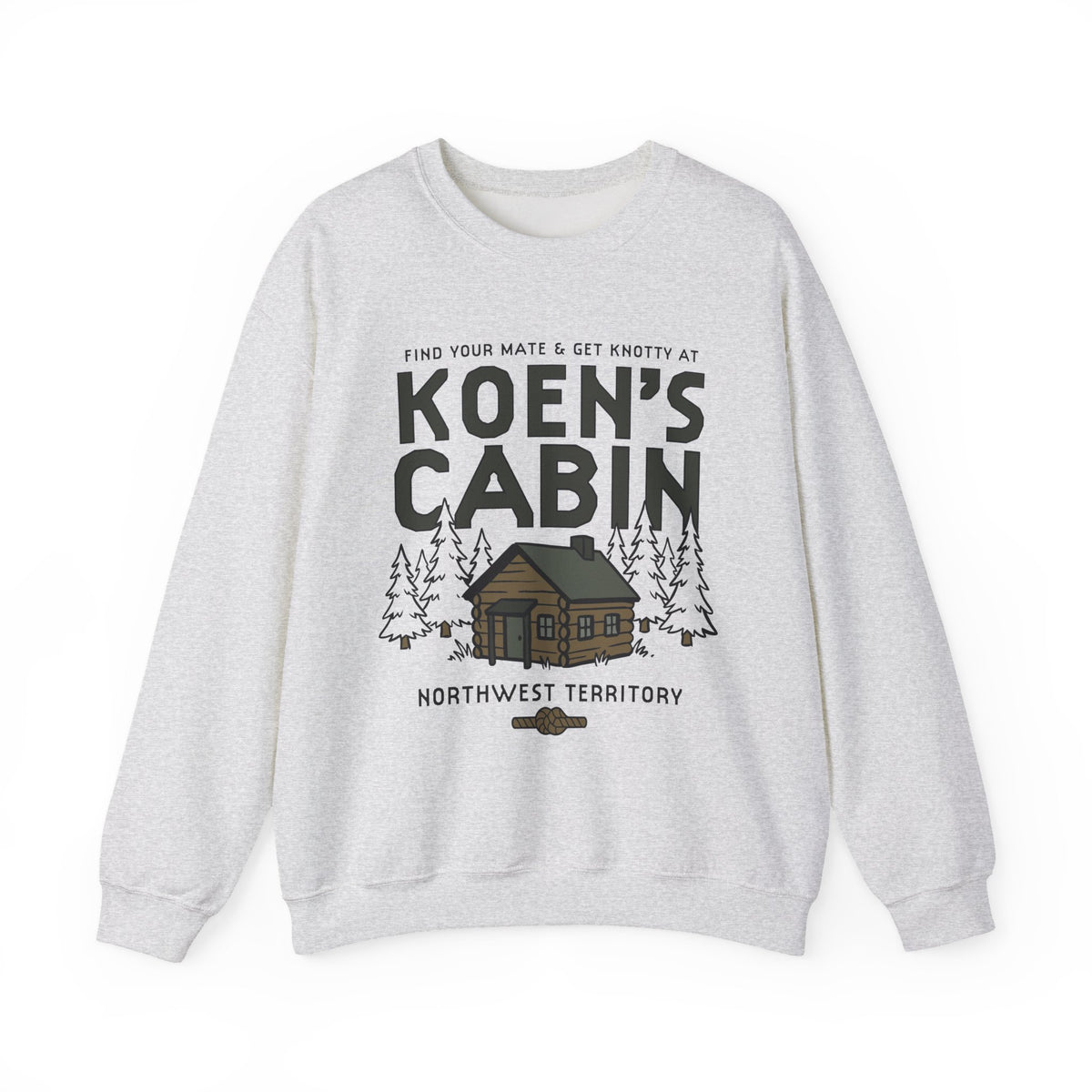 Light gray Koen's Cabin crewneck sweatshirt featuring a mountain cabin and pine trees from Thtgrlreads Ali Hazelwood collection