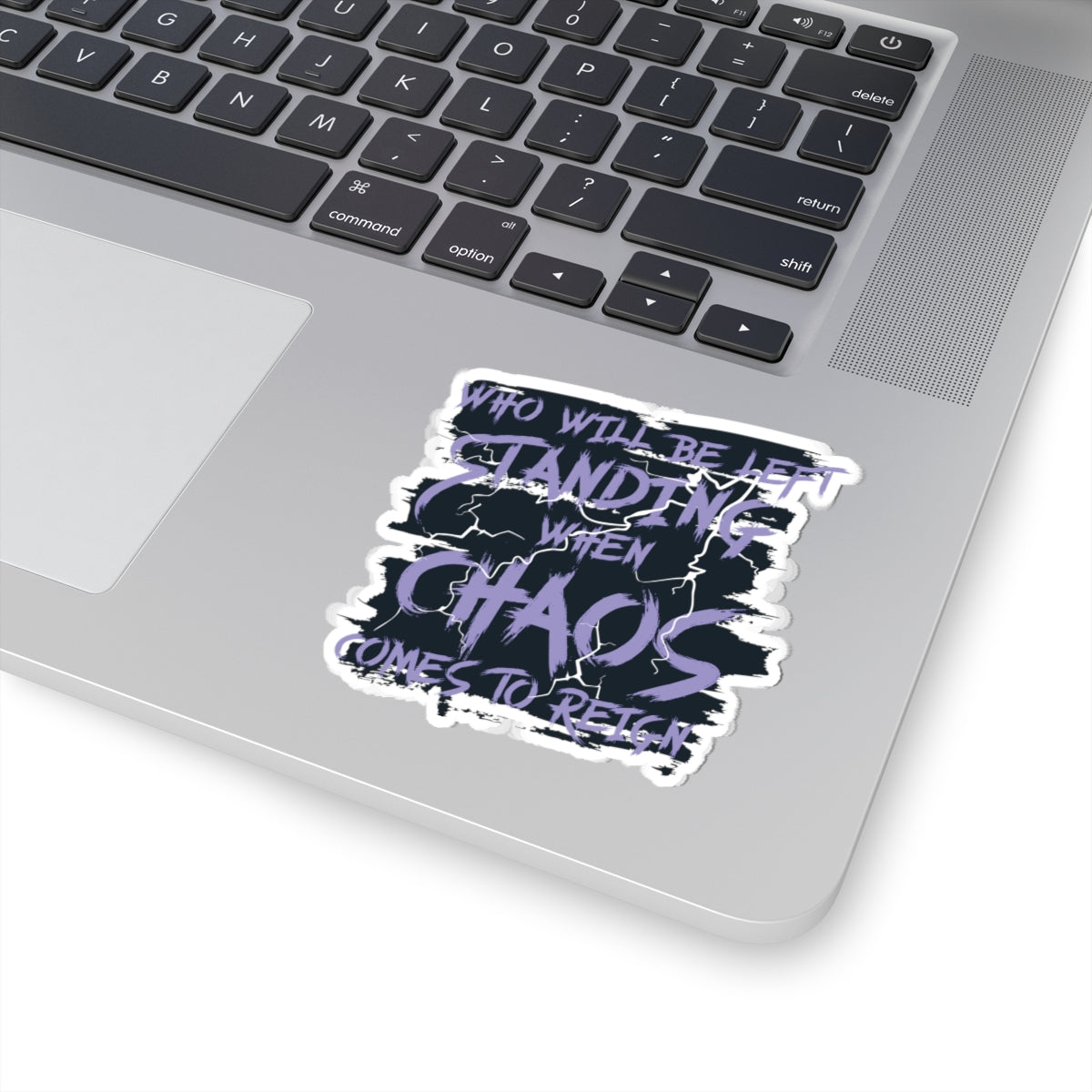 Sticker from thtgrlreads’ Lady of Darkness & Legacy Series featuring a dark, cracked design with light purple text reading "Who will be left standing when chaos comes to reign," perfect for fans of romantasy book merch.