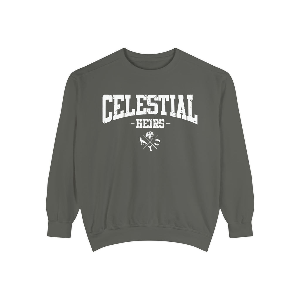 Thtgrlreads Zodiac Academy collection oversized crewneck sweatshirt in vintage-washed Comfort Colors with bold collegiate "Celestial Heirs" print and crossed emblem design.