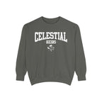 Thtgrlreads Zodiac Academy collection oversized crewneck sweatshirt in vintage-washed Comfort Colors with bold collegiate "Celestial Heirs" print and crossed emblem design.