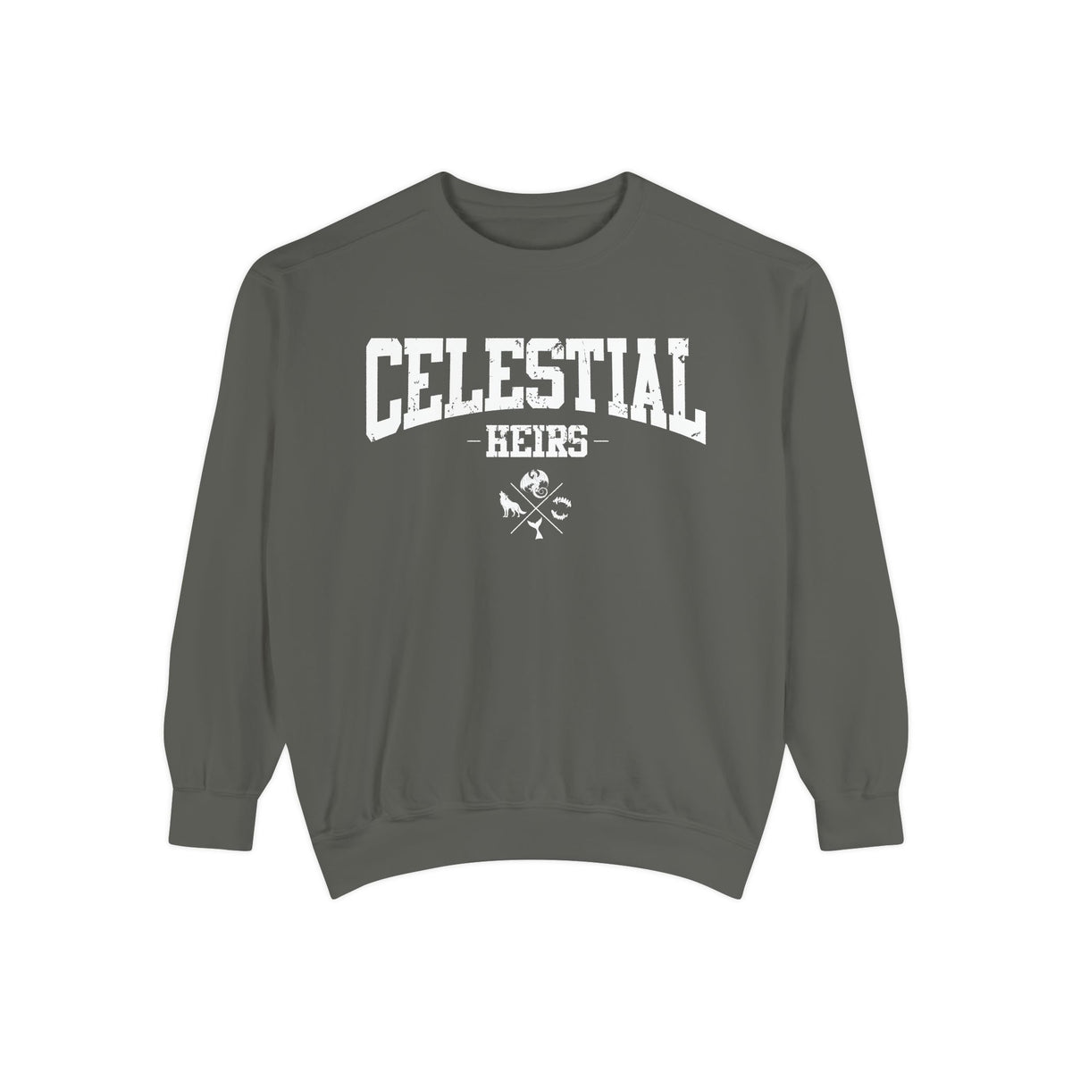 Thtgrlreads Zodiac Academy collection oversized crewneck sweatshirt in vintage-washed Comfort Colors with bold collegiate "Celestial Heirs" print and crossed emblem design.