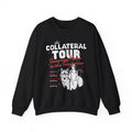 Black Collateral Tour crewneck sweatshirt with wolf and illustrated figures graphic, red and white lettering, from Thtgrlreads Crewnecks and Ali Hazelwood collection