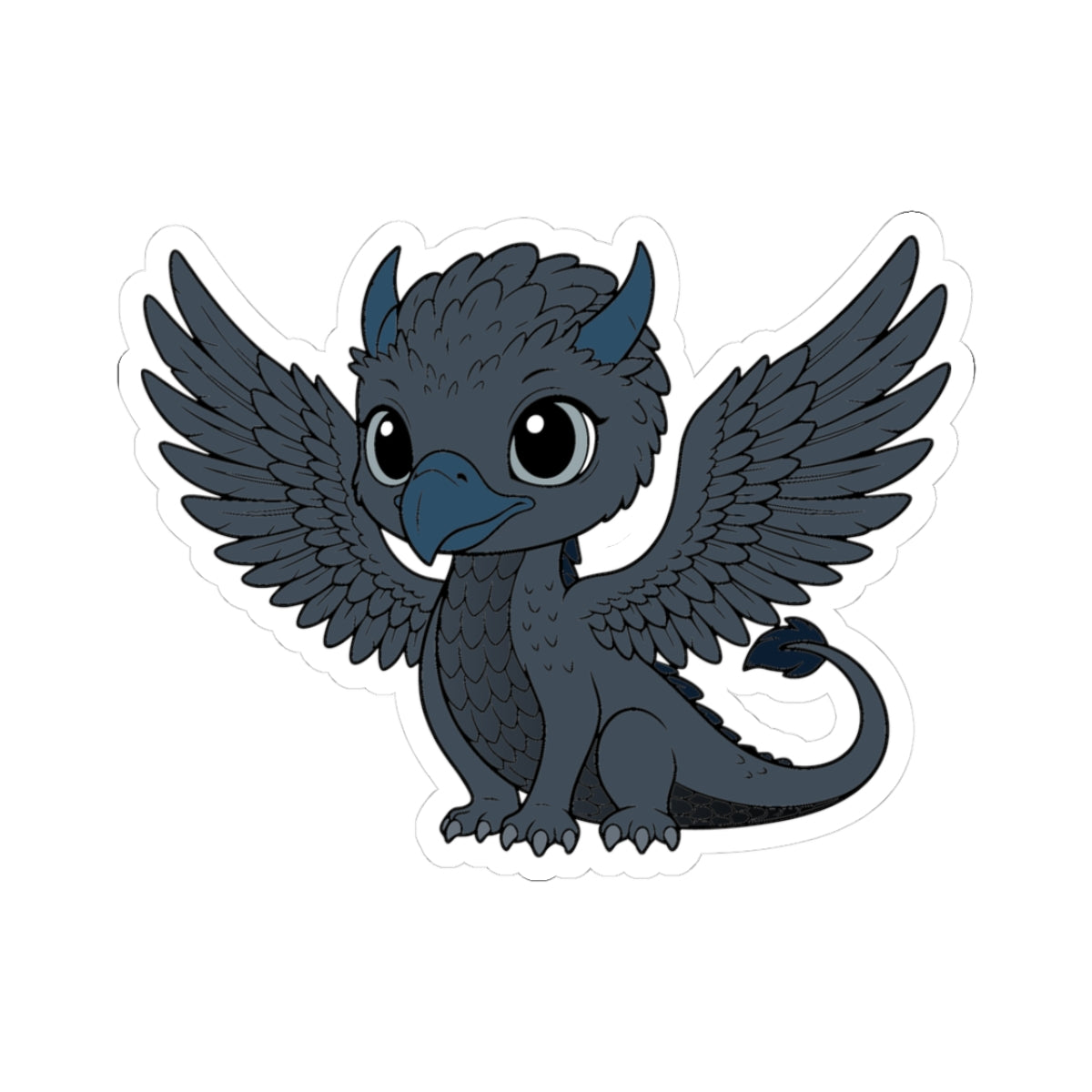 Cute cartoon-style dark blue baby dragon with large eyes and spread wings, part of thtgrlreads The Eating Woods sticker collection celebrating fantasy and romantasy themes.