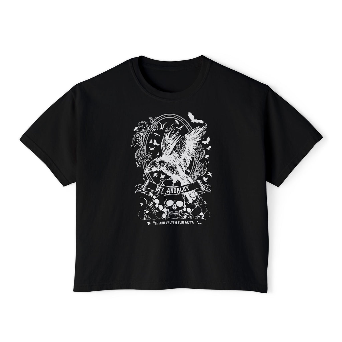 thtgrlreads unisex comfort colors graphic tee featuring a vintage-style black shirt with white gothic script and detailed illustration of a soaring bird, skulls, and bats.