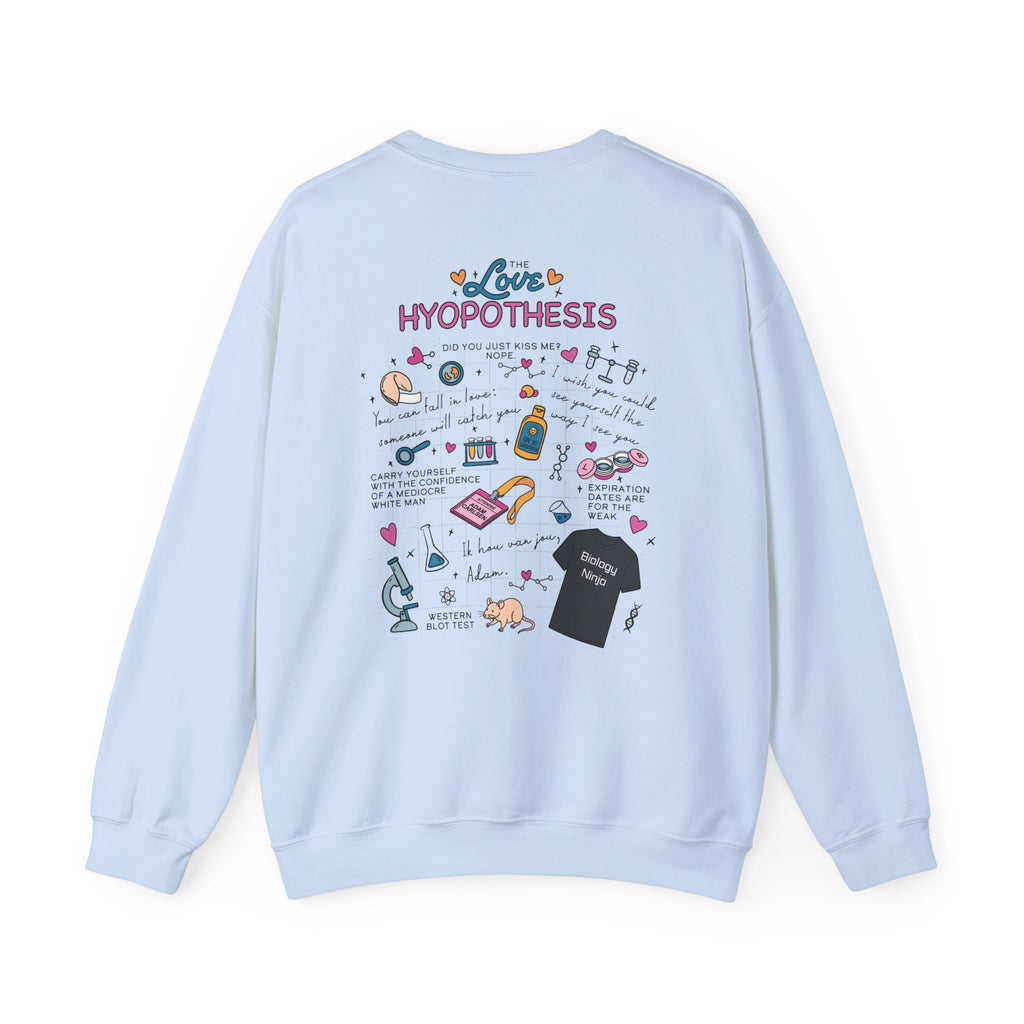 Light blue Love Hypothesis graphic crewneck sweatshirt with colorful science themed artwork, by Thtgrlreads for the Crewnecks and Ali Hazelwood collection