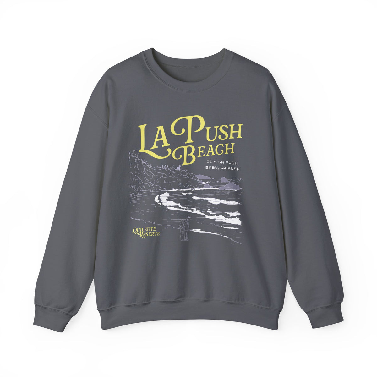 thtgrlreads La Push oversized crewneck sweatshirt featuring a vintage beach graphic with yellow La Push Beach lettering and coastal artwork on a charcoal gray base