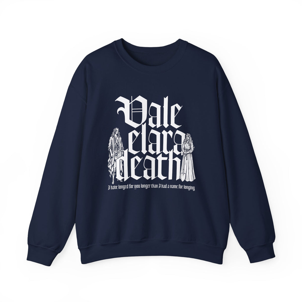 thtgrlreads Liv Zander collection navy oversized crewneck sweatshirt featuring a gothic script print and fantasy-themed figures, made from vintage-wash Comfort Colors fabric, part of Crewnecks.