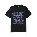 Officially licensed Lady of Darkness & Legacy Series comfort colors graphic tee by thtgrlreads featuring a vintage-style purple text design with lightning accents on a black unisex cotton shirt.