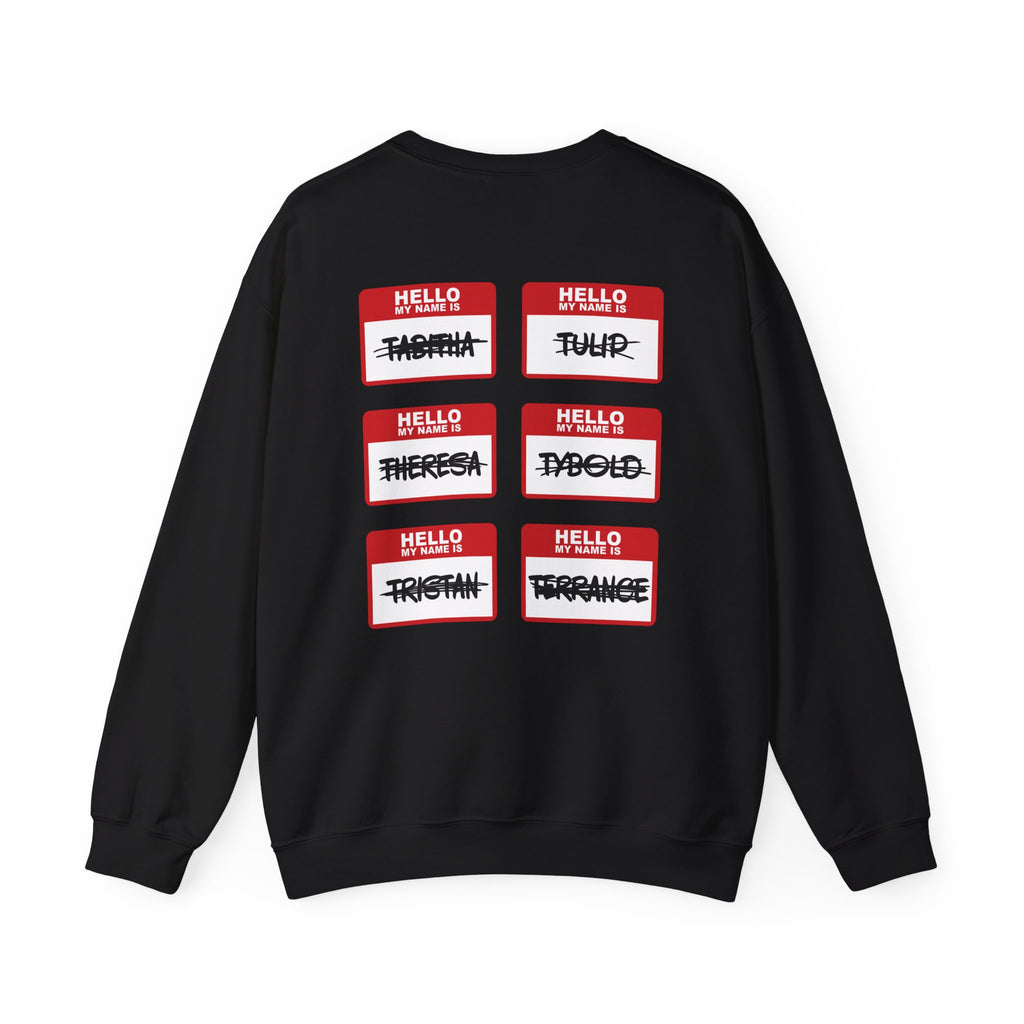 Black oversized crewneck sweatshirt from thtgrlreads featuring six red and white name tag graphics with crossed-out names, inspired by the Kindred's Curse Saga collection.