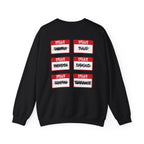 Black oversized crewneck sweatshirt from thtgrlreads featuring six red and white name tag graphics with crossed-out names, inspired by the Kindred's Curse Saga collection.