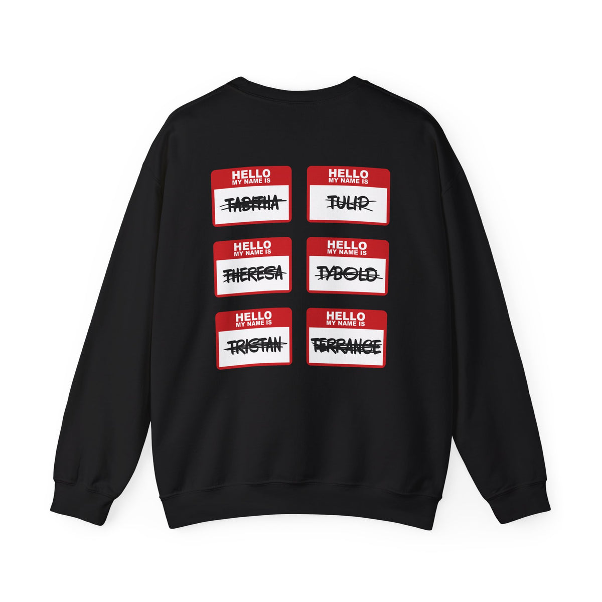 Black oversized crewneck sweatshirt from thtgrlreads featuring six red and white name tag graphics with crossed-out names, inspired by the Kindred's Curse Saga collection.