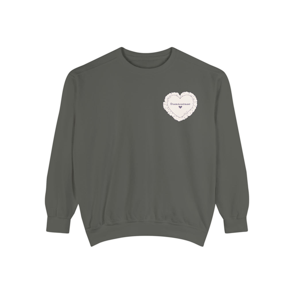 thtgrlreads officially licensed The Poison Daughter collection crewneck sweatshirt in vintage-washed Comfort Colors fabric, featuring a delicate heart graphic with scripted text on the chest.