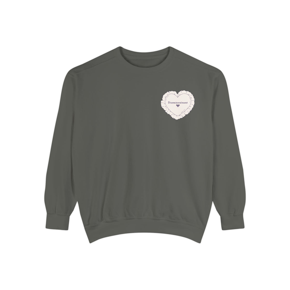 thtgrlreads officially licensed The Poison Daughter collection crewneck sweatshirt in vintage-washed Comfort Colors fabric, featuring a delicate heart graphic with scripted text on the chest.