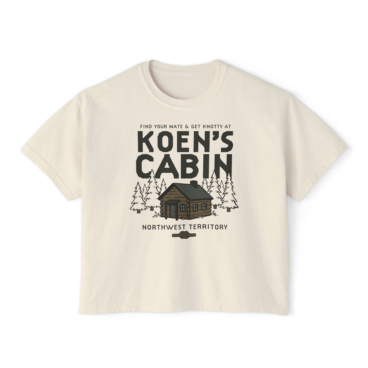 Cream Comfort Colors cropped tee featuring a Koens Cabin graphic with a woodland cabin and pine trees inspired by Ali Hazelwood MATE merch from Thtgrlreads