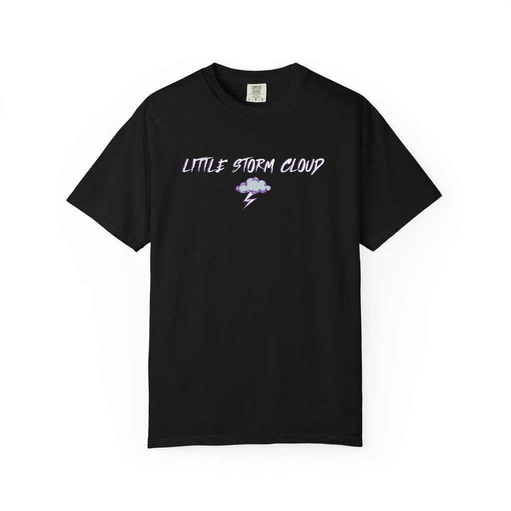 Black Comfort Colors graphic tee from thtgrlreads featuring vintage-washed fabric and a soft print with "Little Storm Cloud" text and a small cloud with lightning, part of Lady of Darkness & Legacy Series collections.
