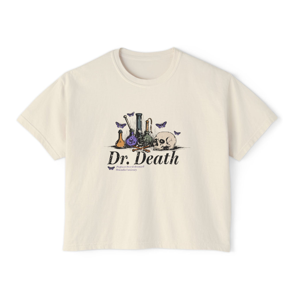 Nocticadia fan crop top by thtgrlreads featuring a vintage wash comfort colors fabric with a graphic of potion bottles, skull, and purple butterflies, part of the Tees collection.