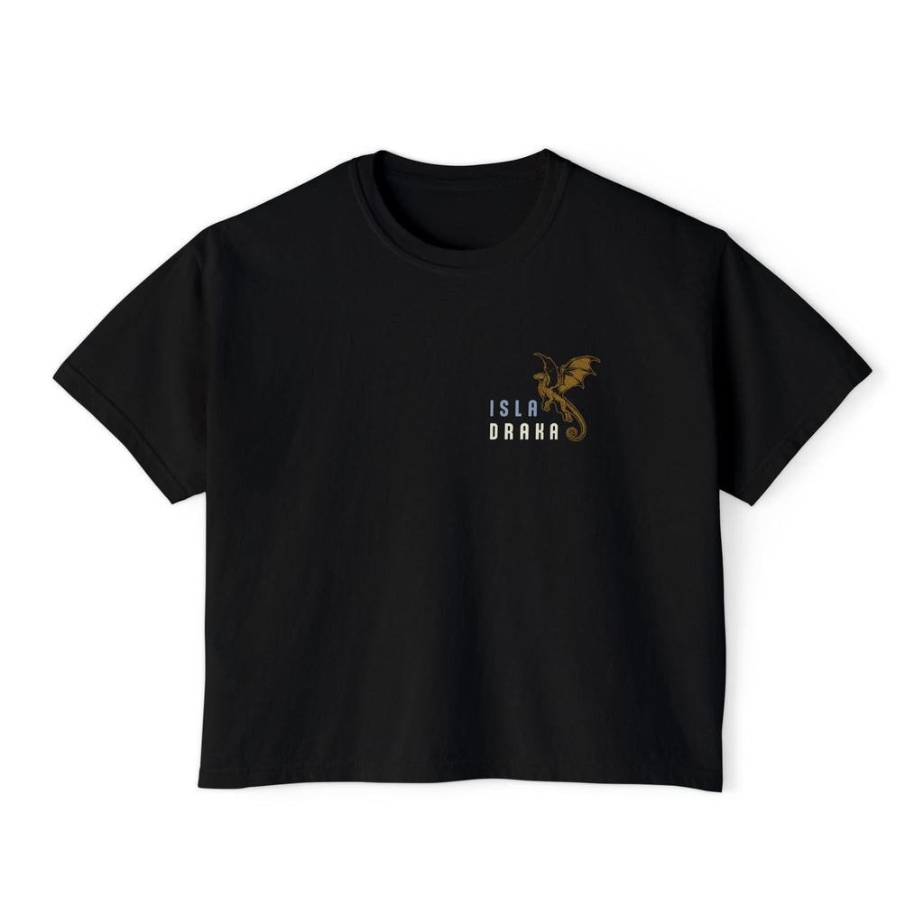 thtgrlreads Blood Bound collection black Comfort Colors crop top featuring a small golden dragon graphic and "Isla Draka" text, Printify unisex relaxed fit tee