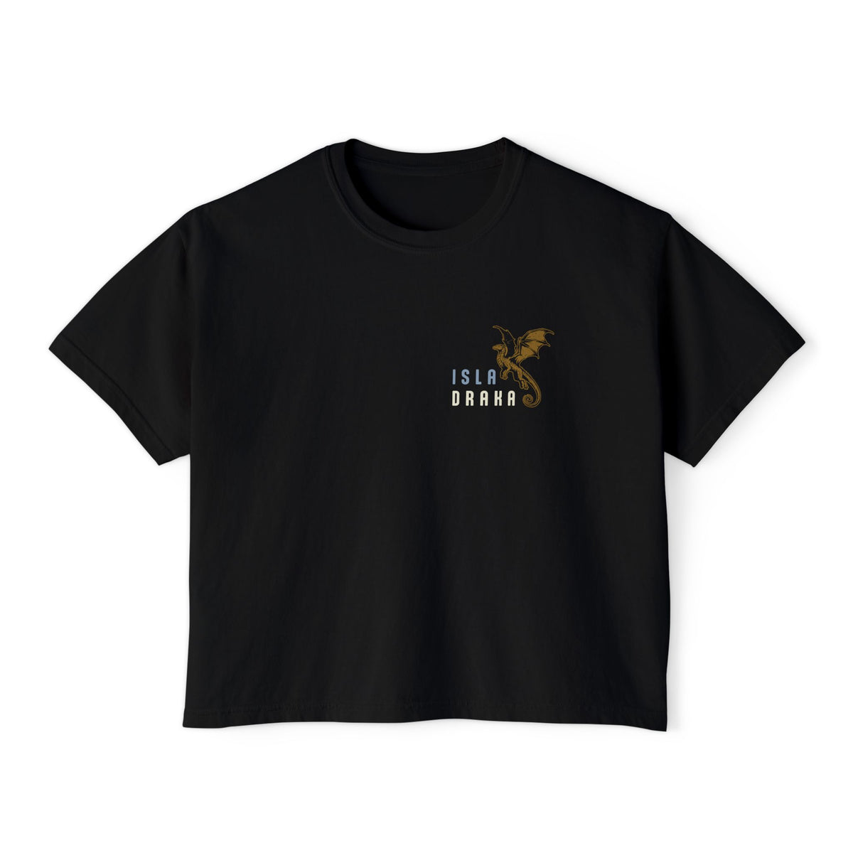 thtgrlreads Blood Bound collection black Comfort Colors crop top featuring a small golden dragon graphic and "Isla Draka" text, Printify unisex relaxed fit tee
