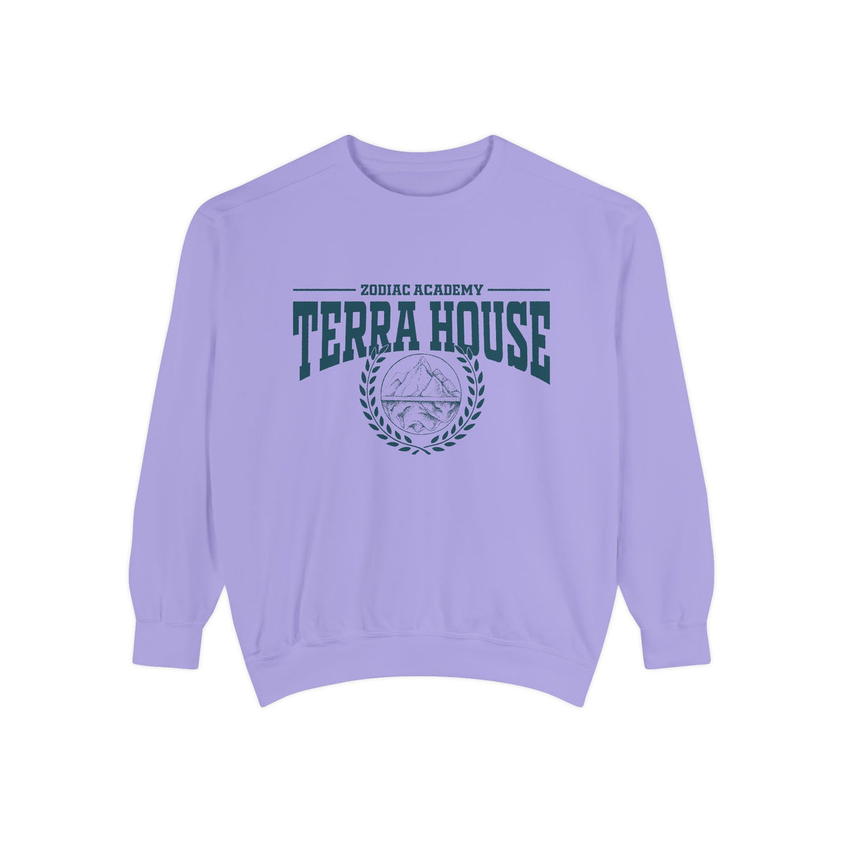 Thtgrlreads Zodiac Academy cozy Comfort Colors sweatshirt featuring vintage-style "Terra House" collegiate print in dark ink on a relaxed unisex crewneck from the Back to School collection.