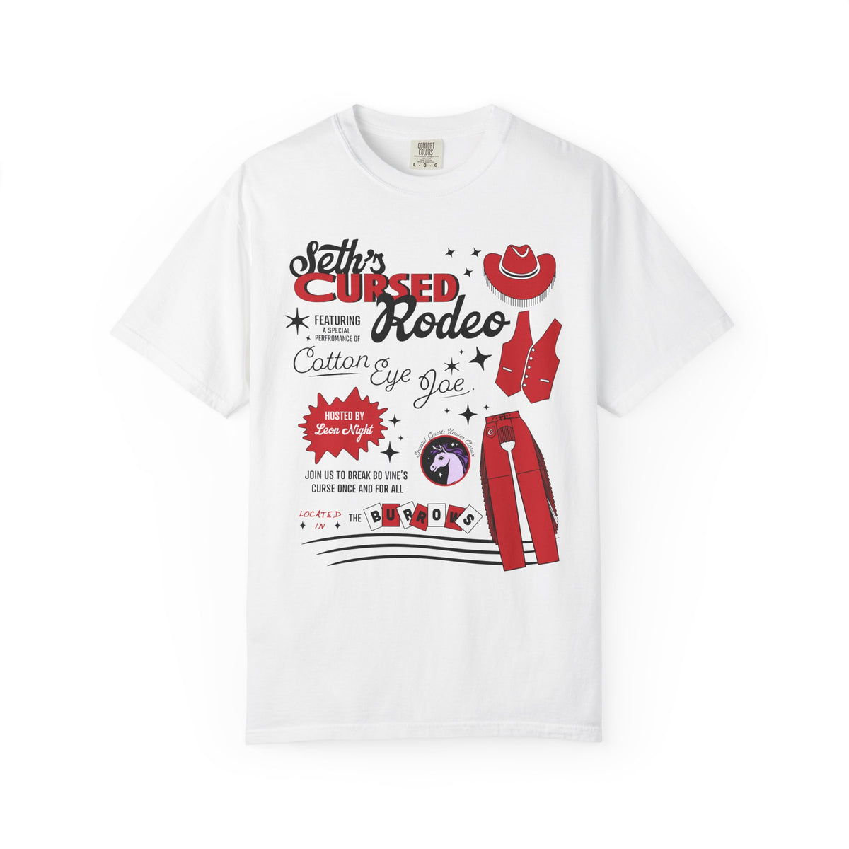 Thtgrlreads Zodiac Academy collection comfort colors graphic tee featuring a vintage wash white fabric with bold red and black rodeo-themed text and illustrations including a hat, vest, and boots.