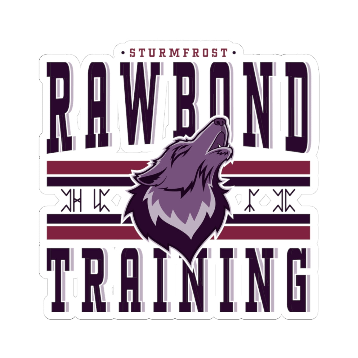 Sticker from thtgrlreads featuring a howling purple wolf emblem with bold "Rawbond Training" text and "Sturmfrost" in maroon, part of the Wolves of Ruin collection.